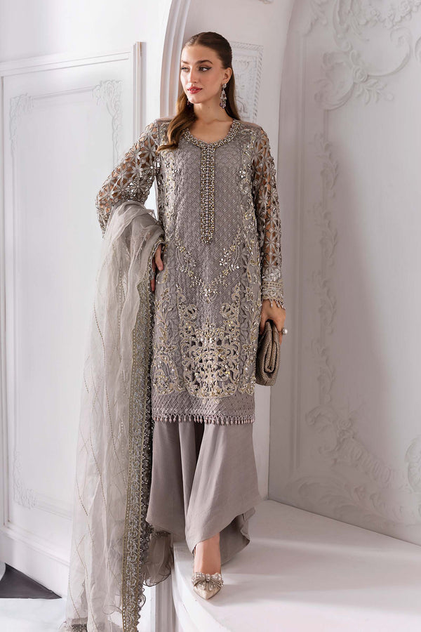 Steel Grey 3 Piece Unstitched Embroidered Organza Suit