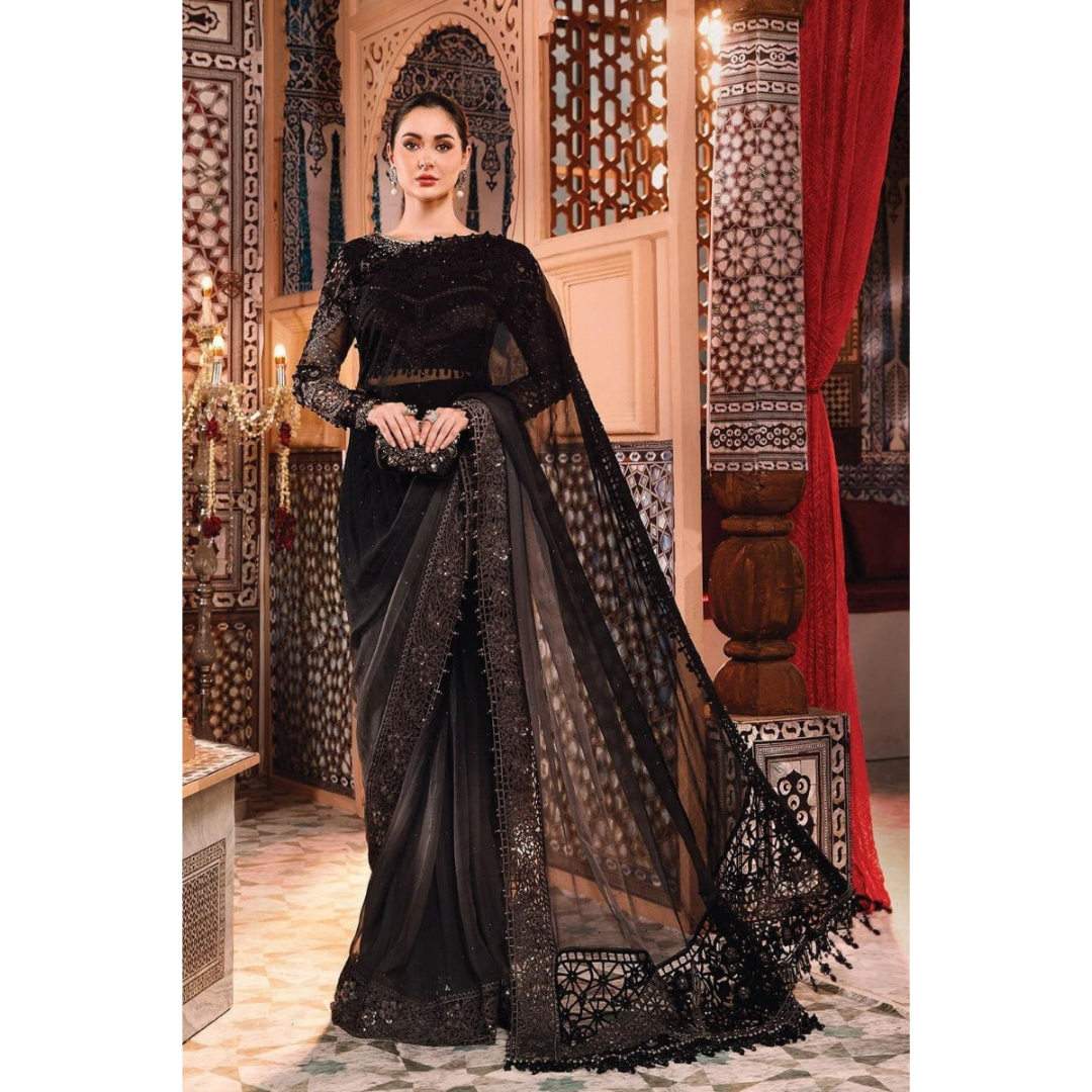 Mbroidered by Maria.B Embroidered Pure Chiffon Unstitched Saree MB- D4 - Wedding Collection