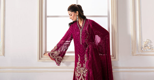Magenta 3 Piece Unstitched Embroidered Chiffon Suit