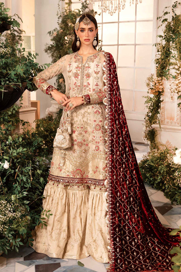 Ivory and Maroon Default 3 Piece Unstitched Embroidered Organza Suit