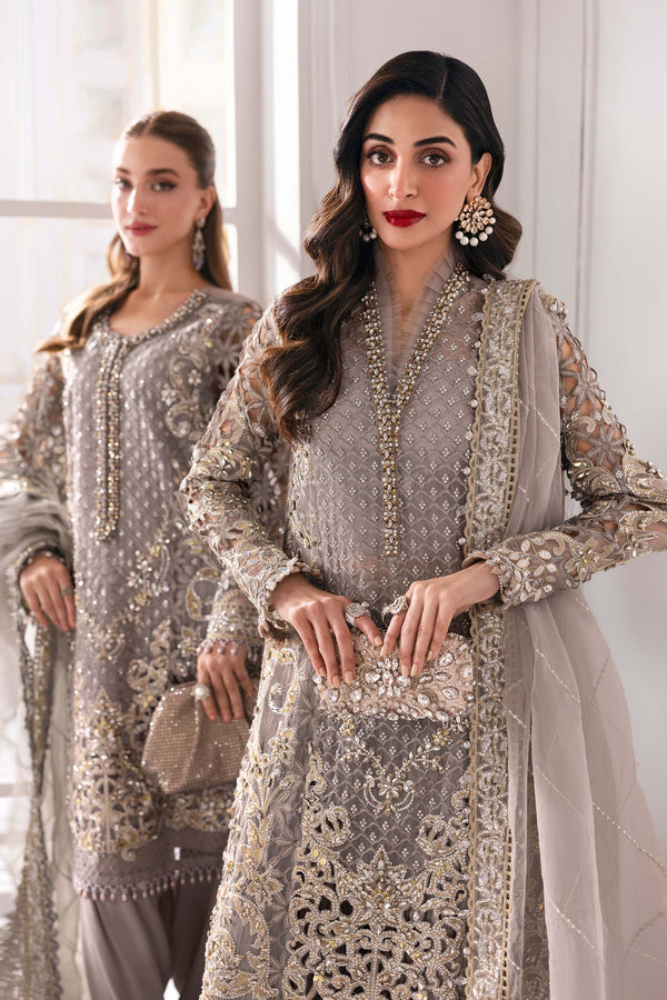 Steel Grey 3 Piece Unstitched Embroidered Organza Suit